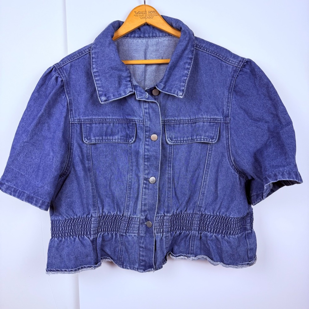 SHEIN Curve Blue Denim Short Sleeve Cropped Smocked Waist Jacket 4XL